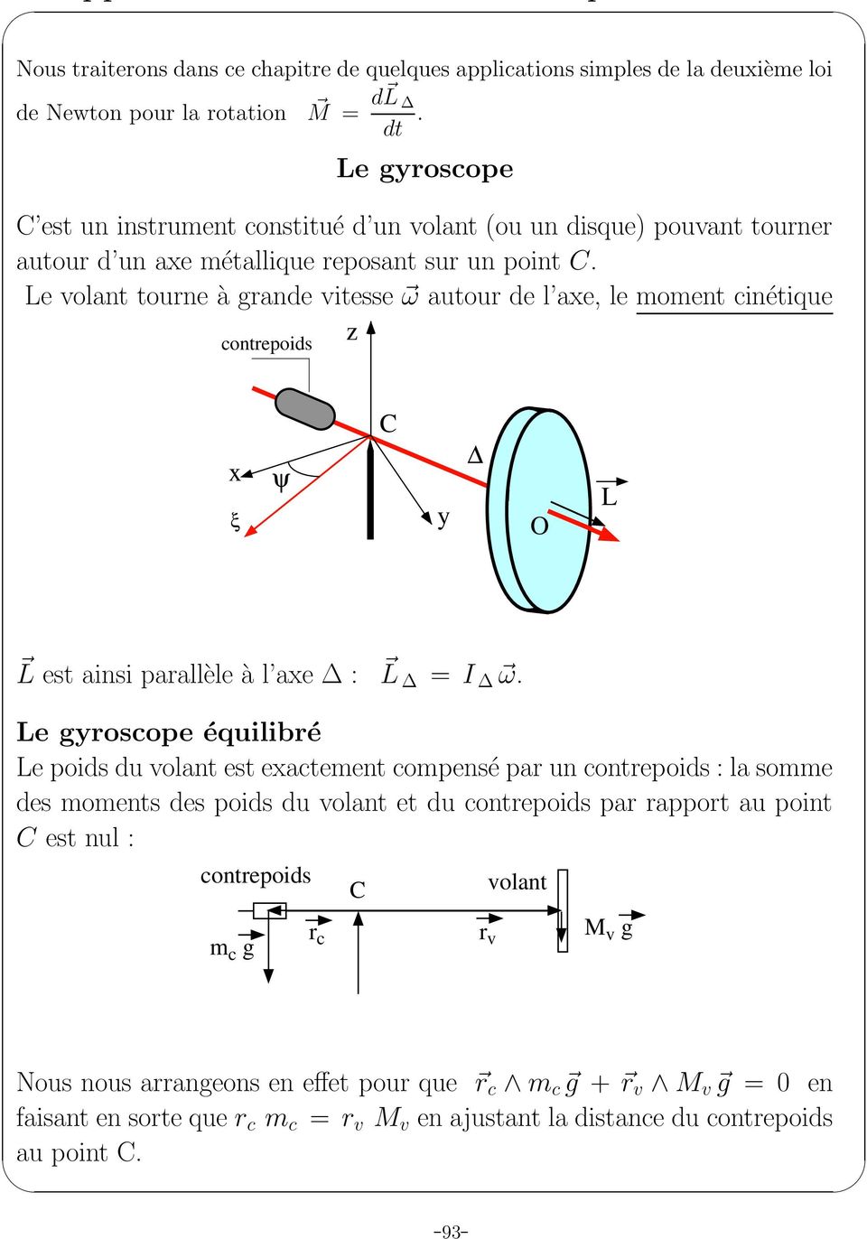 Le volant tourne à grande vitesse ω autour de l axe, le moment cinétique z contrepoids x ξ ψ C y O L L est ainsi parallèle à l axe : L = I ω.