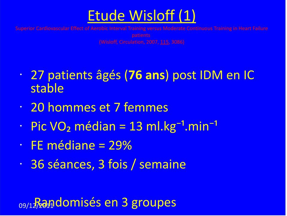 3086) 27 patients âgés (76 ans) post IDM en IC stable 20 hommes et 7 femmes Pic VO₂