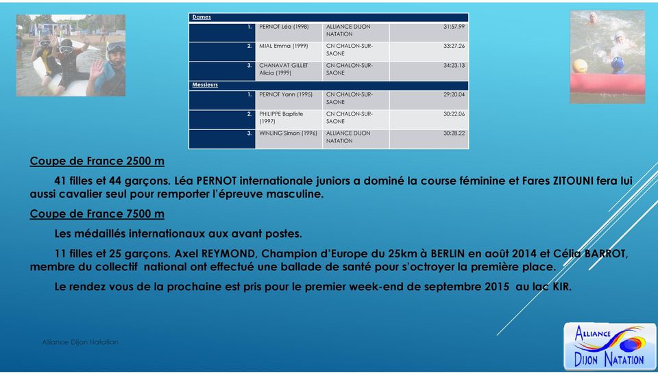22 Coupe de France 2500 m 41 filles et 44 garçons. Léa PERNOT internationale juniors a dominé la course féminine et Fares ZITOUNI fera lui aussi cavalier seul pour remporter l épreuve masculine.