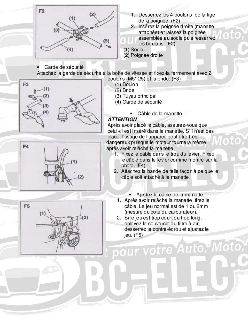 (F3) (1) Boulon (2) Bride (3) Tuyau principal (4) Garde de sécurité Câble de la manette Après avoir placé le câble, assurez-vous que celui-ci est inséré dans la manette.