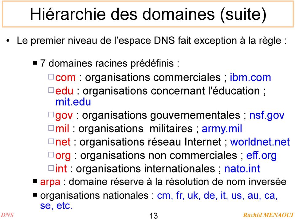gov mil : organisations militaires ; army.mil net : organisations réseau Internet ; worldnet.net org : organisations non commerciales ; eff.