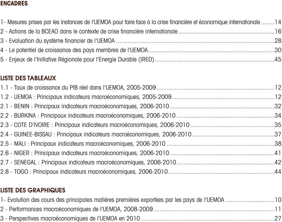 ..30 5 - Enjeux de l'initiative Régionale pour l'energie Durable (IRED)...45 LISTE DES TABLEAUX 1.1 - Taux de croissance du PIB réel dans l'uemoa, 2005-2009...12 1.