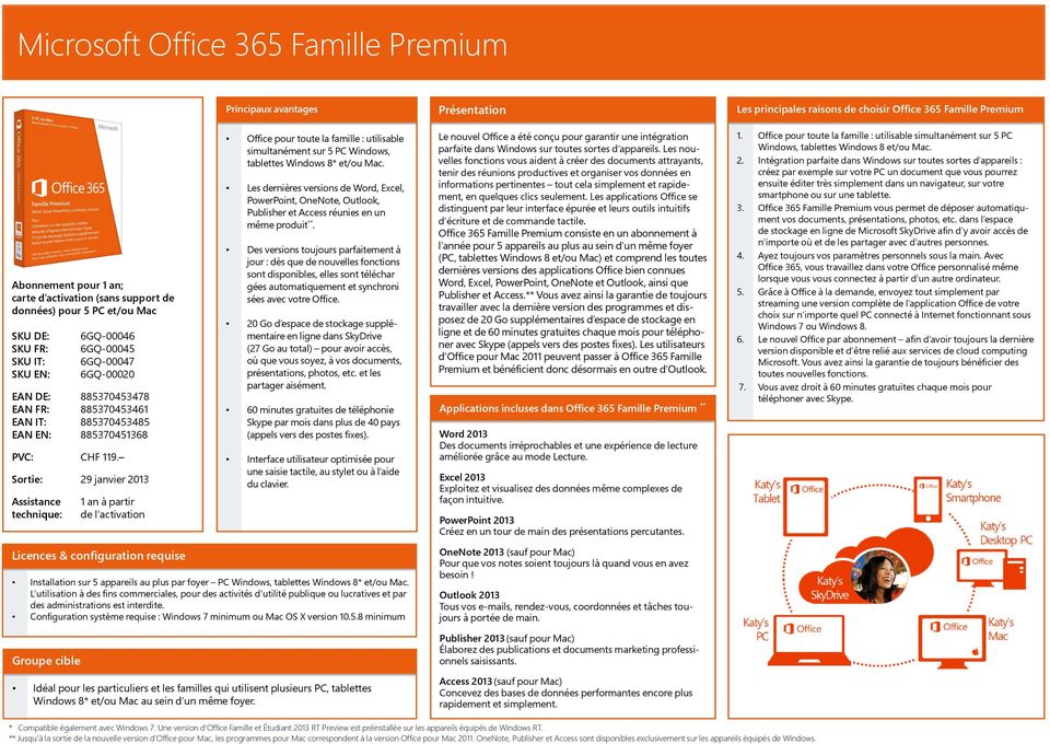 1 an à partir Office pour toute la famille : utilisable simultanément sur 5 PC Windows, tablettes Windows 8* et/ou Mac.