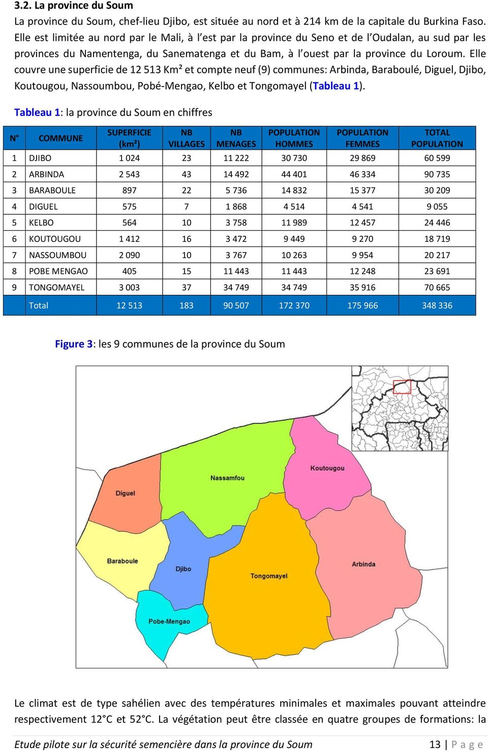 Elle couvre une superficie de 12 513 Km² et compte neuf (9) communes: Arbinda, Baraboulé, Diguel, Djibo, Koutougou, Nassoumbou, Pobé-Mengao, Kelbo et Tongomayel (Tableau 1).