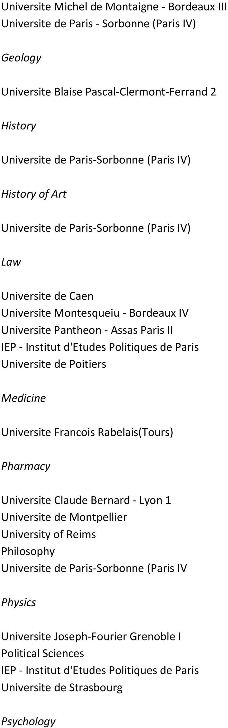 Politiques de Paris Universite de Poitiers Medicine Universite Francois Rabelais(Tours) Pharmacy Universite Claude Bernard - Lyon 1 Universite de Montpellier University of Reims