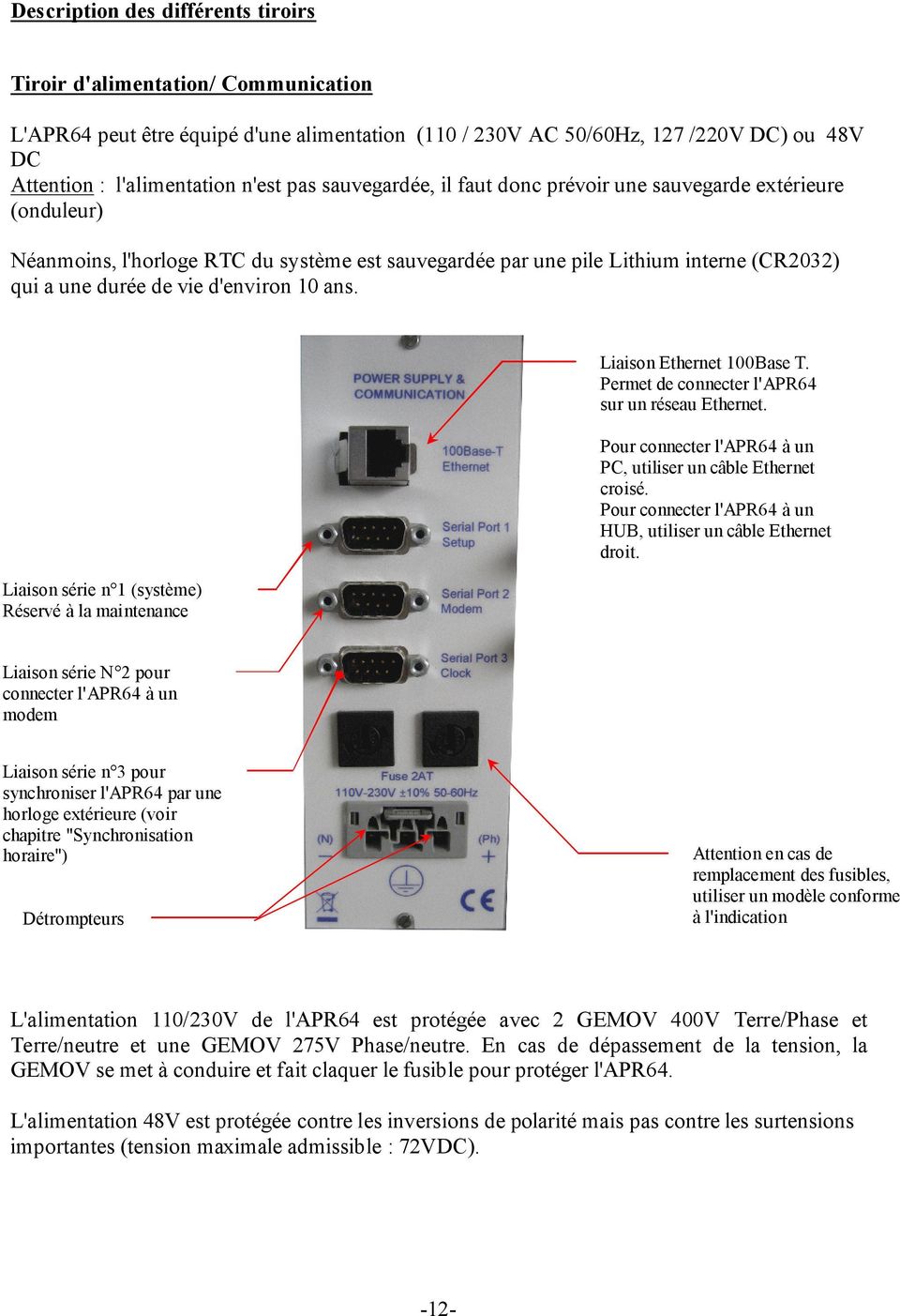 10 ans. Liaison série n 1 (système) Réservé à la maintenance Liaison Ethernet 100Base T. Permet de connecter l'apr64 sur un réseau Ethernet.
