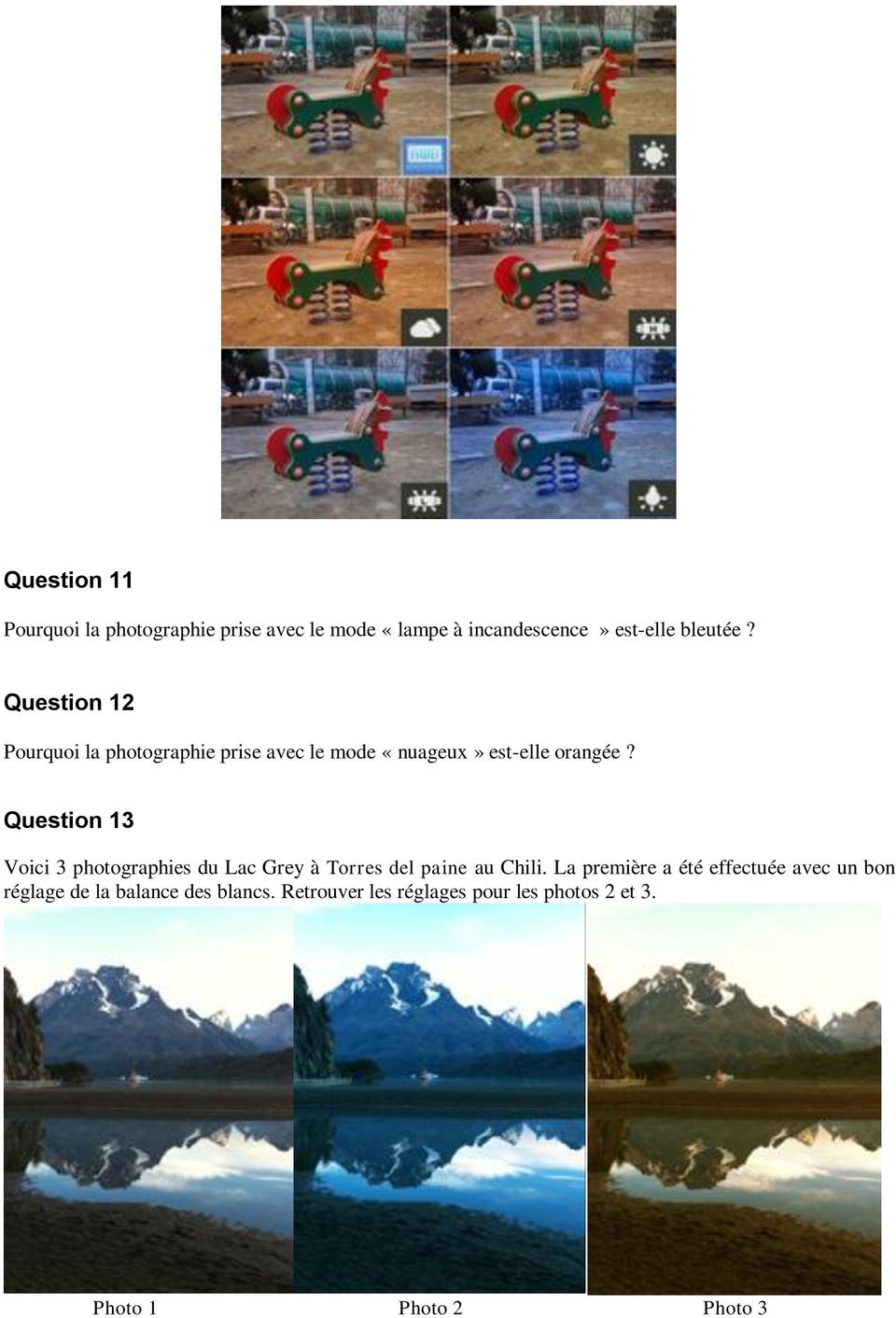 Question 13 Voici 3 photographies du Lac Grey à Torres del paine au Chili.