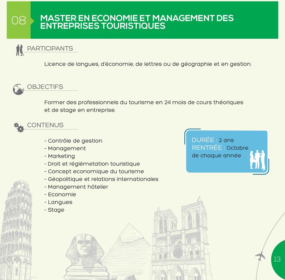 - Contrôle de gestion - Management - Marketing - Droit et réglémetation touristique - Concept economique du tourisme -