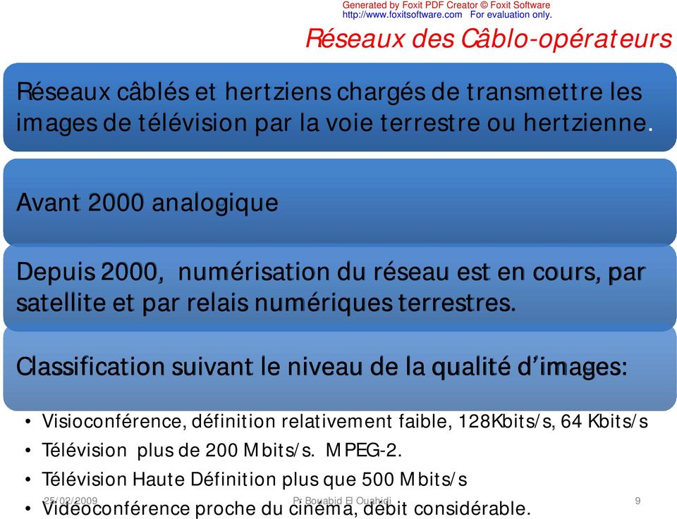 Classification suivant le niveau de la qualité d images: Visioconférence, définition relativement faible, 128Kbits/s, 64 Kbits/s Télévision