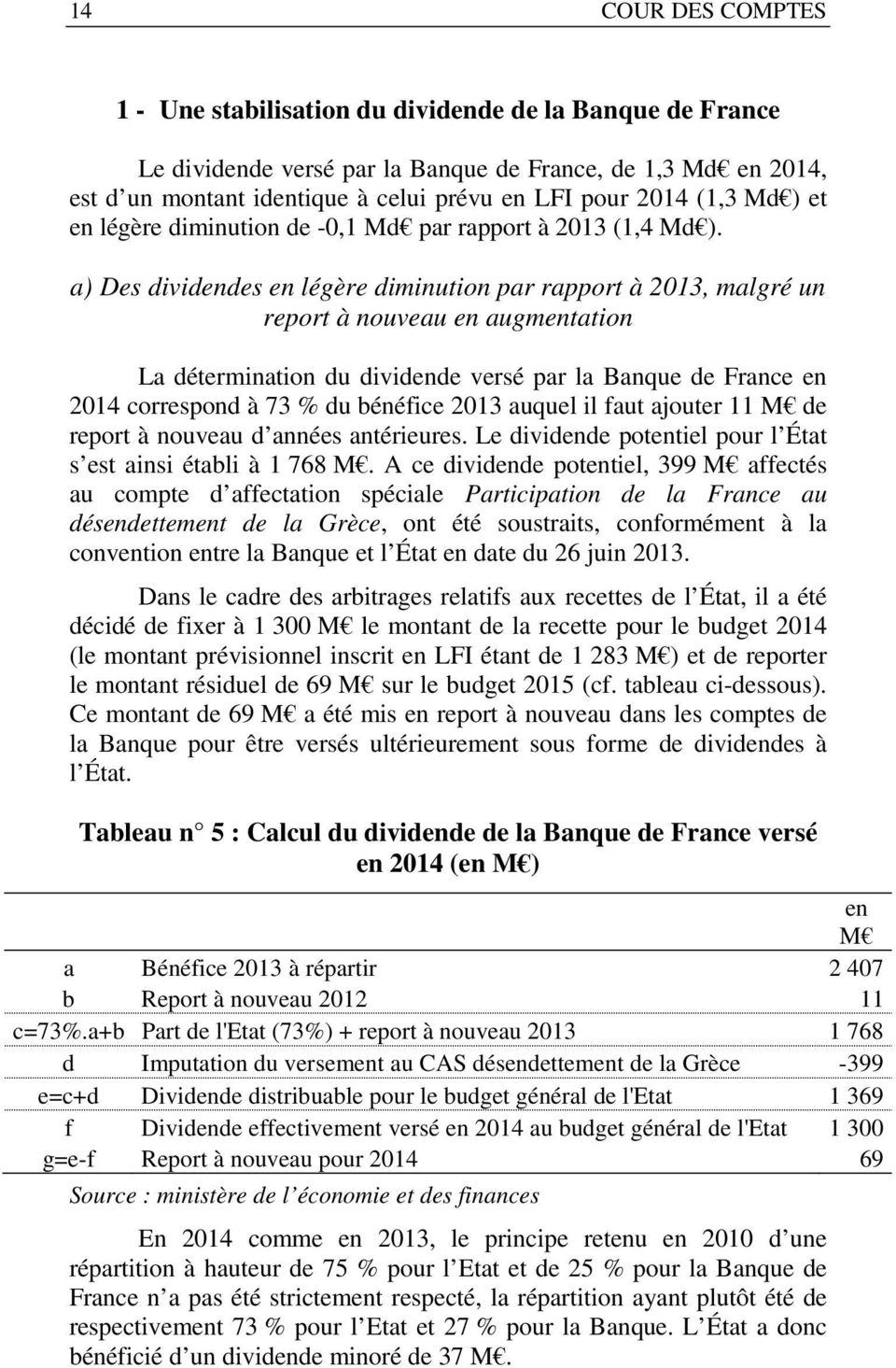 a) Des dividendes en légère diminution par rapport à 2013, malgré un report à nouveau en augmentation La détermination du dividende versé par la Banque de France en 2014 correspond à 73 % du bénéfice
