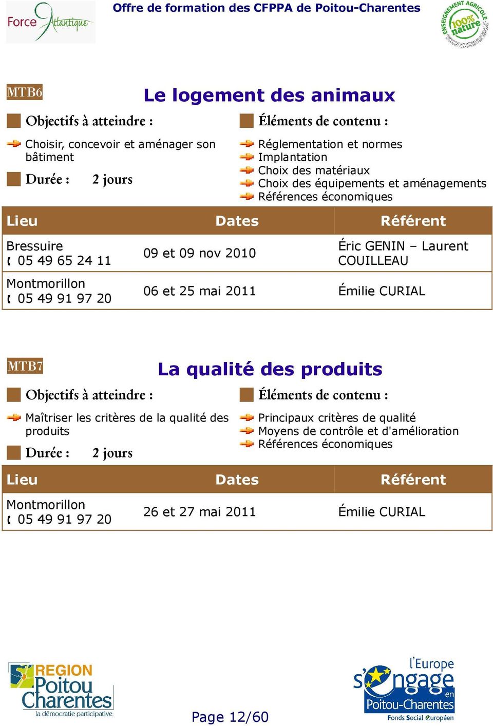 COUILLEAU 06 et 25 mai 2011 Émilie CURIAL MTB7 La qualité des produits Maîtriser les critères de la qualité des produits 2 jours Principaux