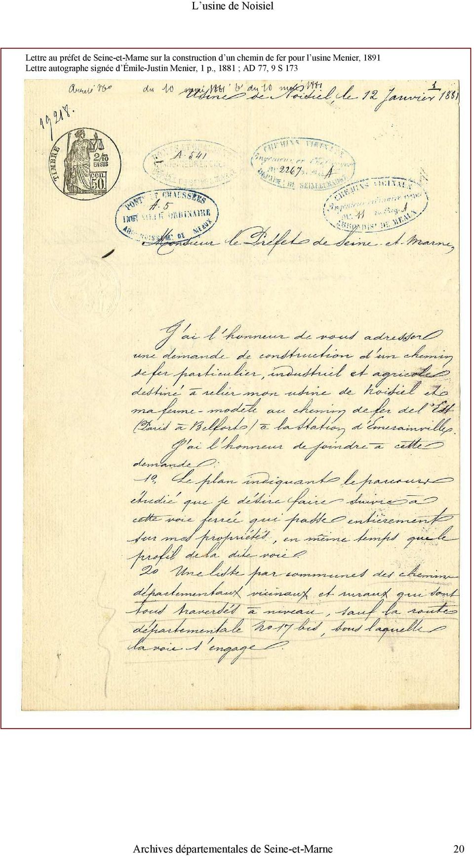 1891 Lettre autographe signée d Émile-Justin Menier, 1 p.