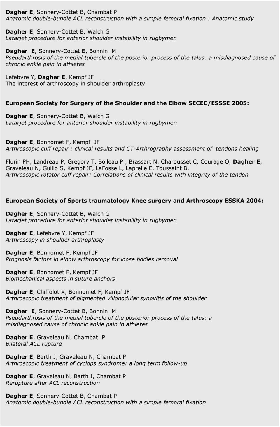 athletes Lefebvre Y, Dagher E, Kempf JF The interest of arthroscopy in shoulder arthroplasty European Society for Surgery of the Shoulder and the Elbow SECEC/ESSSE 2005: Dagher E, Sonnery-Cottet B,