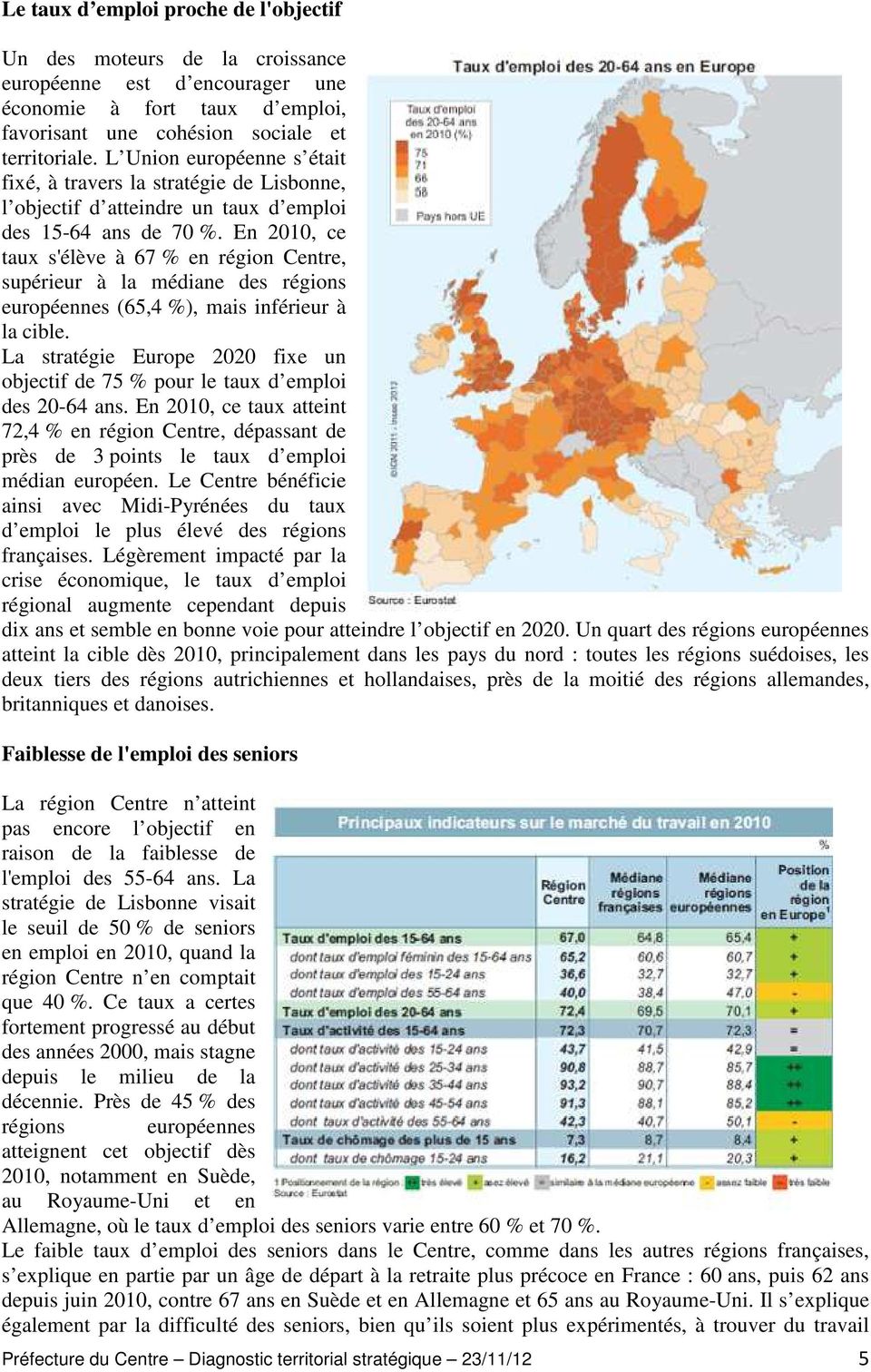 En 2010, ce taux s'élève à 67 % en région Centre, supérieur à la médiane des régions européennes (65,4 %), mais inférieur à la cible.