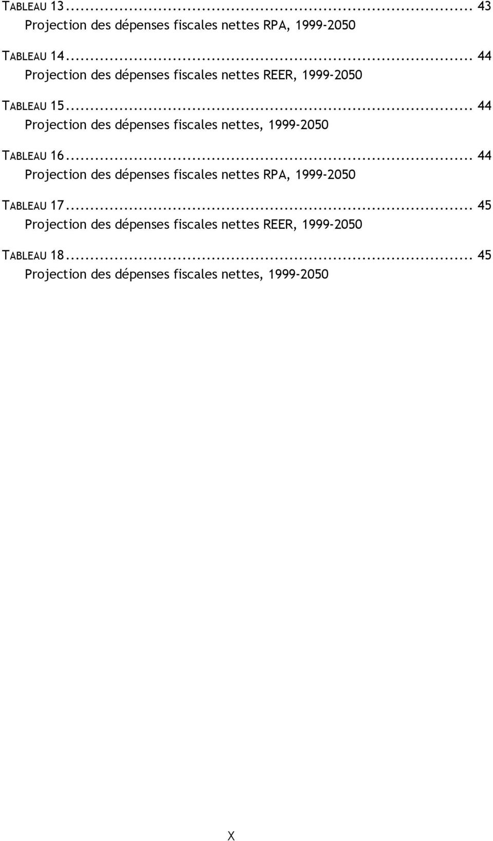 .. 44 Projecion des dépenses fiscales nees, 1999-2050 TABLEAU 16.