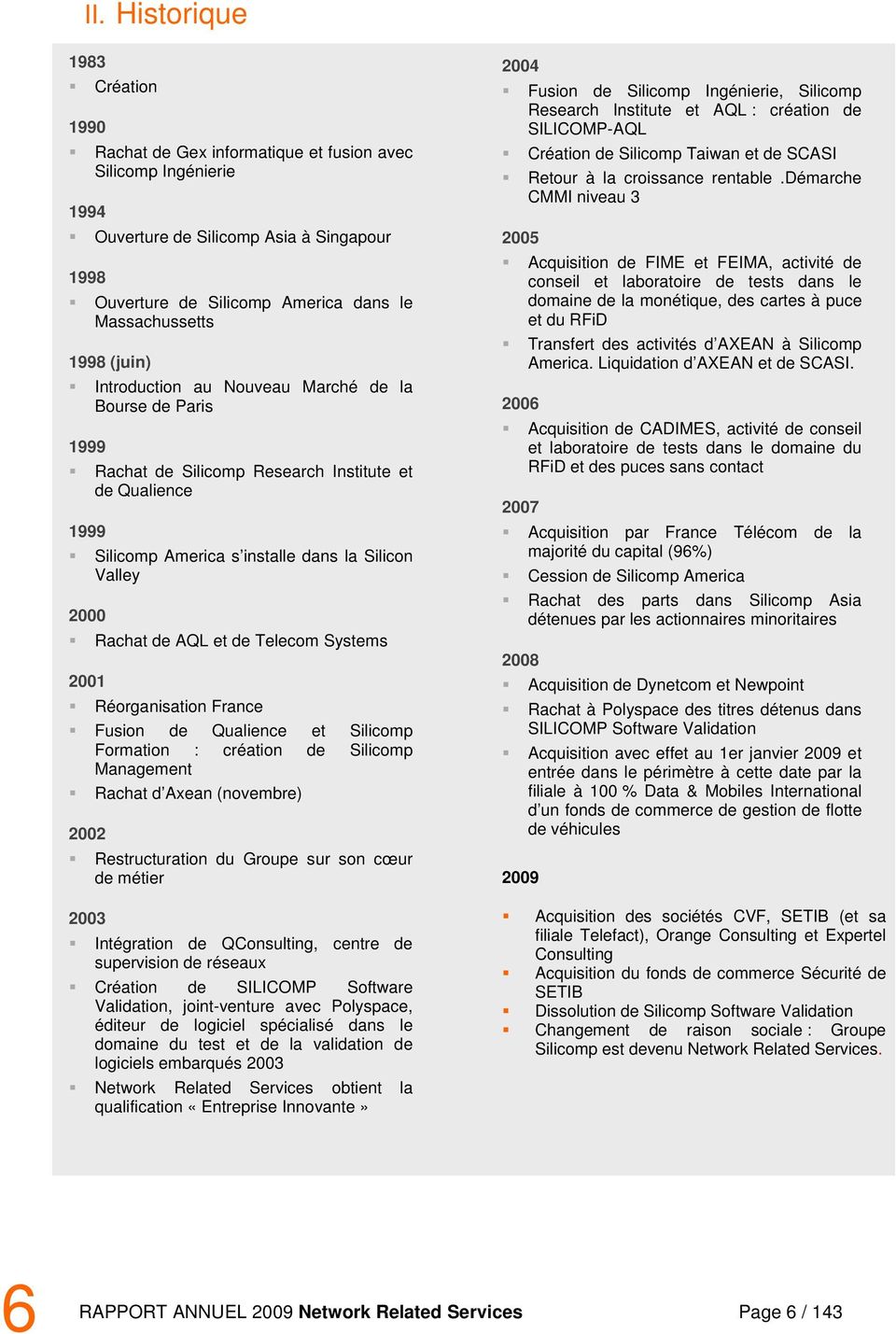 AQL et de Telecom Systems Réorganisation France Fusion de Qualience et Silicomp Formation : création de Silicomp Management 2002 2003 Rachat d Axean (novembre) Restructuration du Groupe sur son cœur