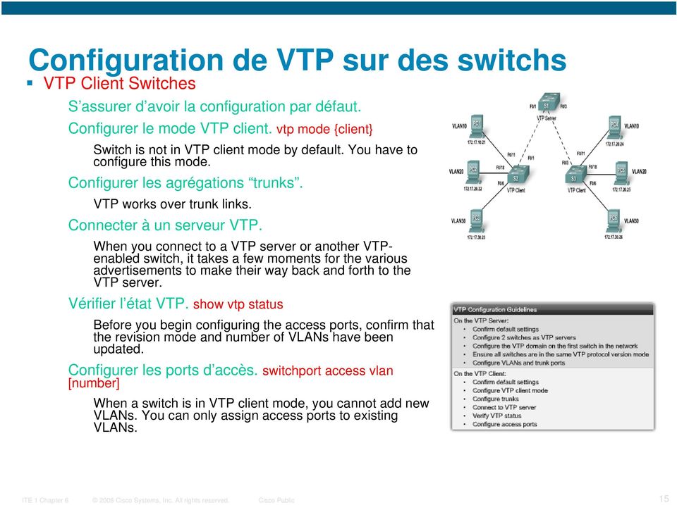 When you connect to a VTP server or another VTPenabled switch, it takes a few moments for the various advertisements to make their way back and forth to the VTP server. Vérifier l état VTP.