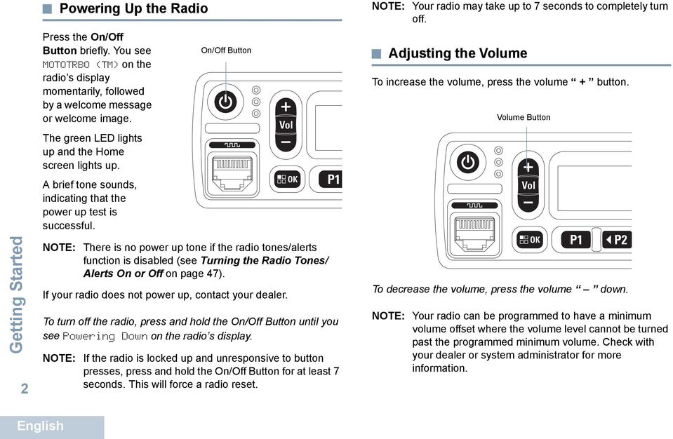 On/Off Button NOTE: Your radio may take up to 7 seconds to completely turn off. Adjusting the Volume To increase the volume, press the volume + button.