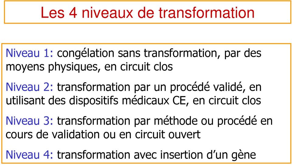 des dispositifs médicaux CE, en circuit clos Niveau 3: transformation par méthode ou