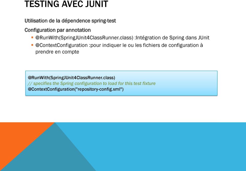 class) :Intégration de Spring dans JUnit @ContextConfiguration :pour indiquer le ou les fichiers de