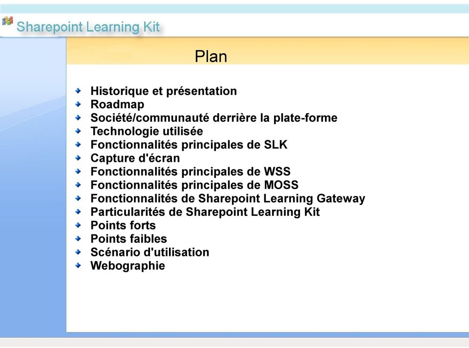 Fonctionnalités principales de MOSS Fonctionnalités de Sharepoint Learning Gateway