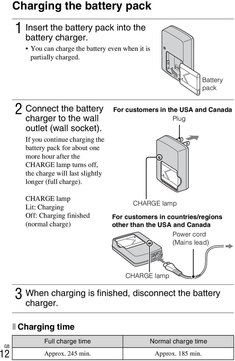 If you continue charging the battery pack for about one more hour after the CHARGE lamp turns off, the charge will last slightly longer (full charge).