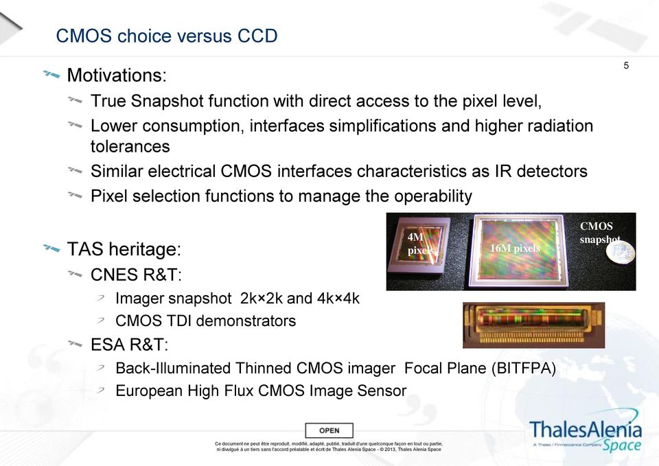 selection functions to manage the operability 5 TAS heritage: CNES R&T: Imager snapshot 2k 2k and 4k 4k CMOS TDI demonstrators