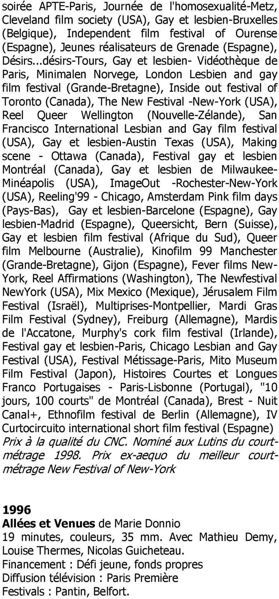 ..désirs-Tours, Gay et lesbien- Vidéothèque de Paris, Minimalen Norvege, London Lesbien and gay film festival (Grande-Bretagne), Inside out festival of Toronto (Canada), The New Festival -New-York