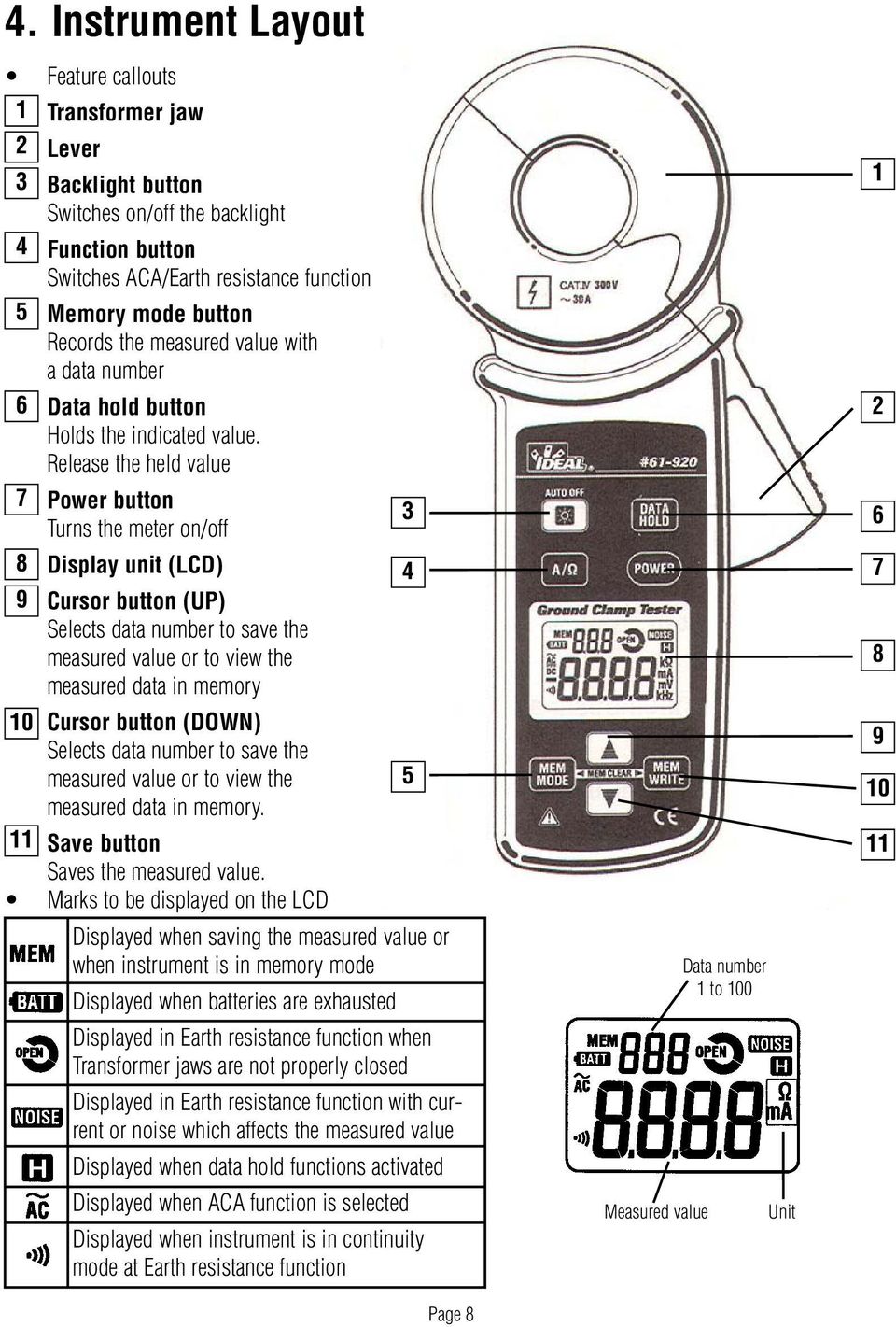 Release the held value 7 Power button Turns the meter on/off 3 8 Display unit (LCD) 4 9 Cursor button (UP) Selects data number to save the measured value or to view the measured data in memory 10