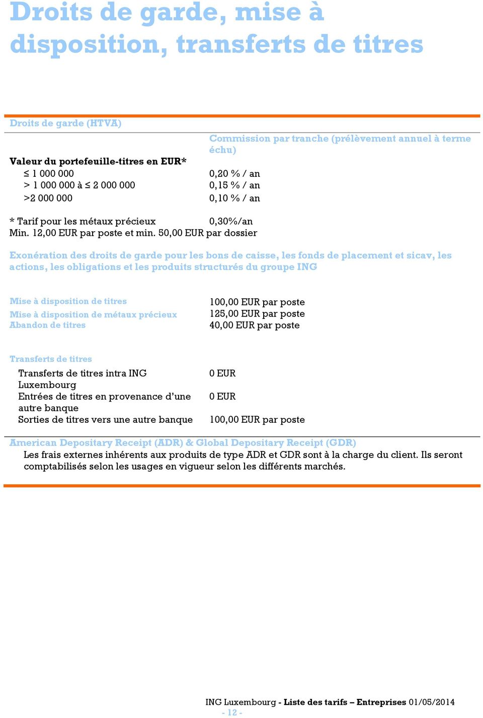 50,00 EUR par dossier Exonération des droits de garde pour les bons de caisse, les fonds de placement et sicav, les actions, les obligations et les produits structurés du groupe ING Mise à