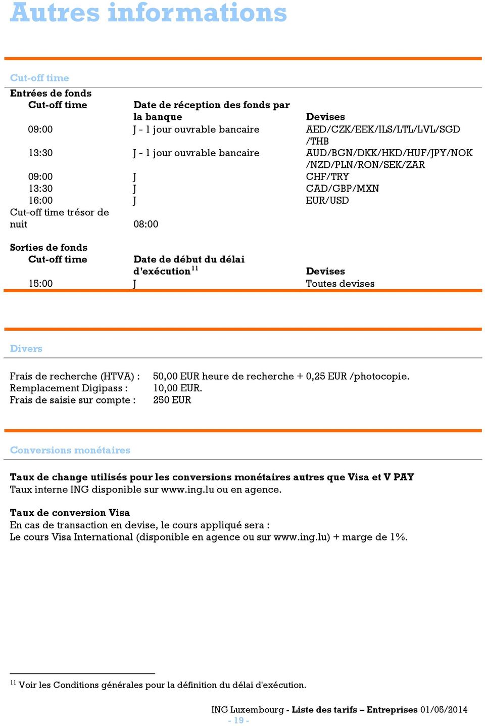 délai d'exécution 11 Devises 15:00 J Toutes devises Divers Frais de recherche (HTVA) : Remplacement Digipass : Frais de saisie sur compte : 50,00 EUR heure de recherche + 0,25 EUR /photocopie.