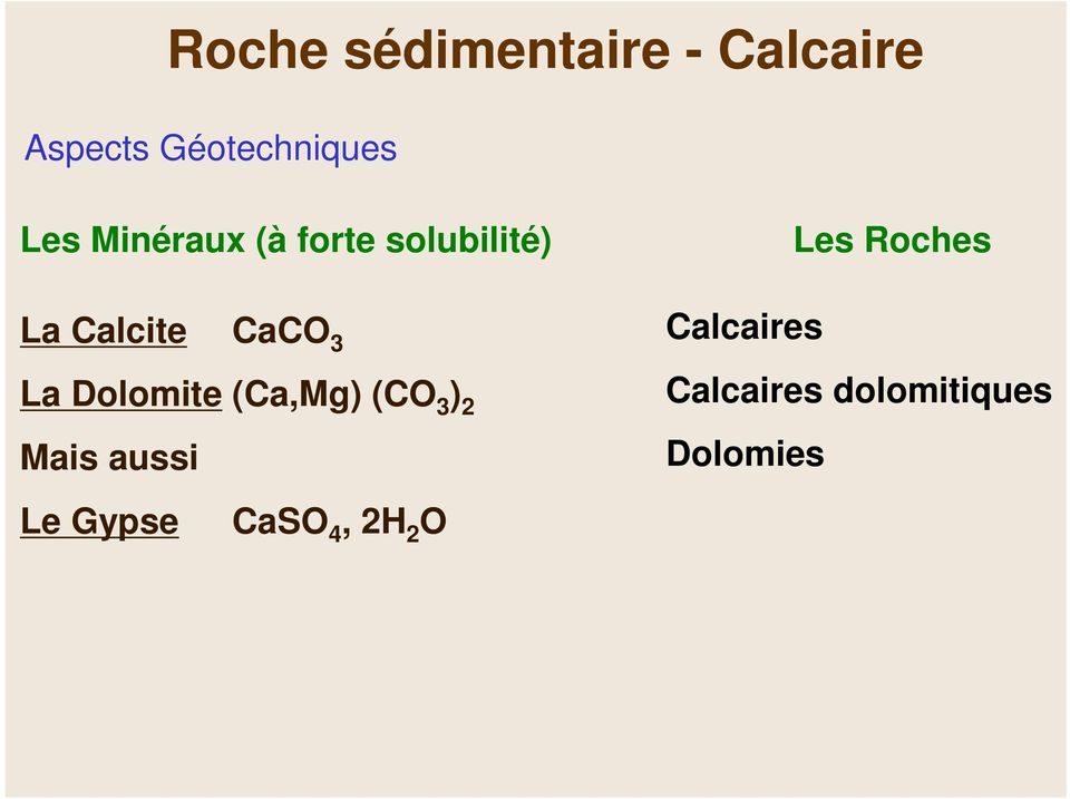 Dolomite (Ca,Mg) (CO 3 ) 2 Mais aussi Le Gypse CaSO 4,