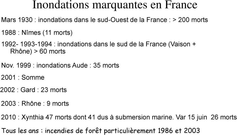 1999 : inondations Aude : 35 morts 2001 : Somme 2002 : Gard : 23 morts 2003 : Rhône : 9 morts 2010 : Xynthia 47