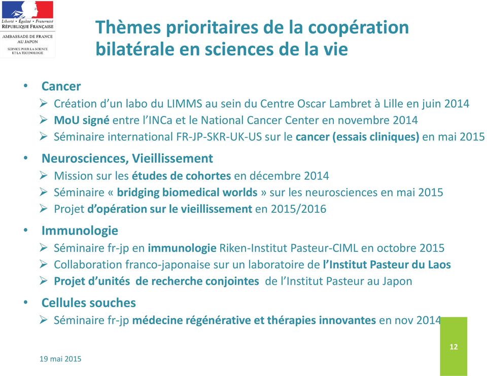 Séminaire «bridging biomedical worlds» sur les neurosciences en mai 2015 Projet d opération sur le vieillissement en 2015/2016 Immunologie Séminaire fr-jp en immunologie Riken-Institut Pasteur-CIML