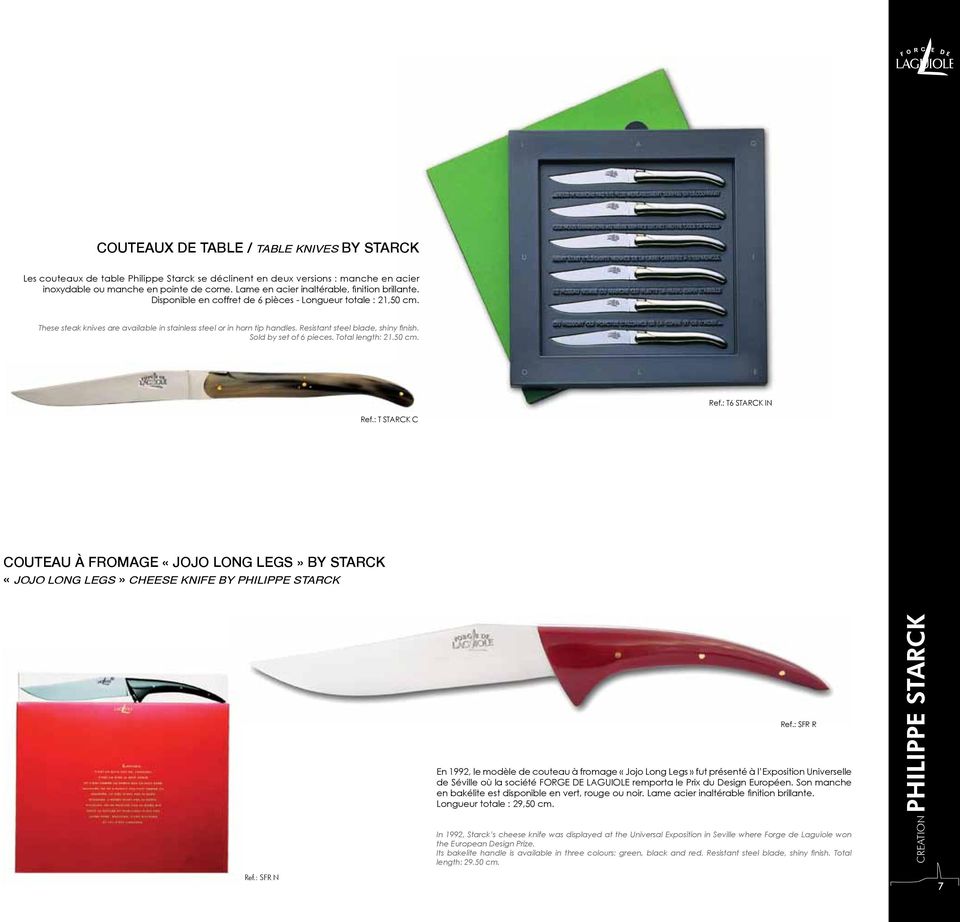 Resistant steel blade, shiny finish. Sold by set of 6 pieces. Total length: 21.50 cm. Ref.: T6 STARCK IN Ref.