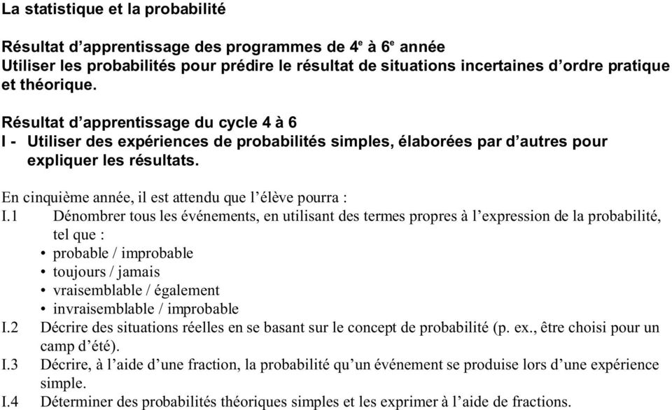 1 Dénombrer tous les événements, en utilisant des termes propres à l expression de la probabilité, tel que : probable / improbable toujours / jamais vraisemblable / également invraisemblable /