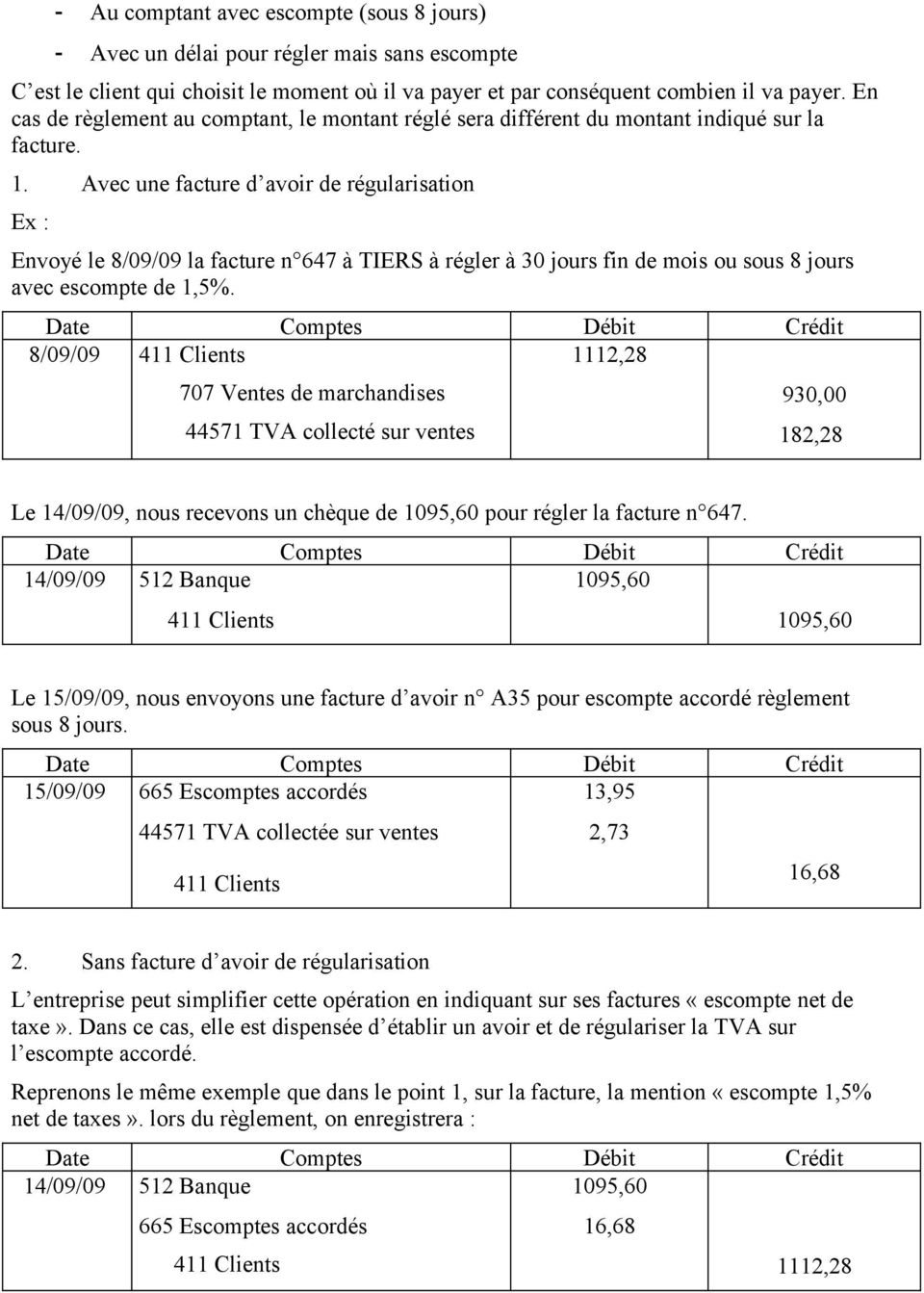 Avec une facture d avoir de régularisation Ex : Envoyé le 8/09/09 la facture n 647 à TIERS à régler à 30 jours fin de mois ou sous 8 jours avec escompte de 1,5%.