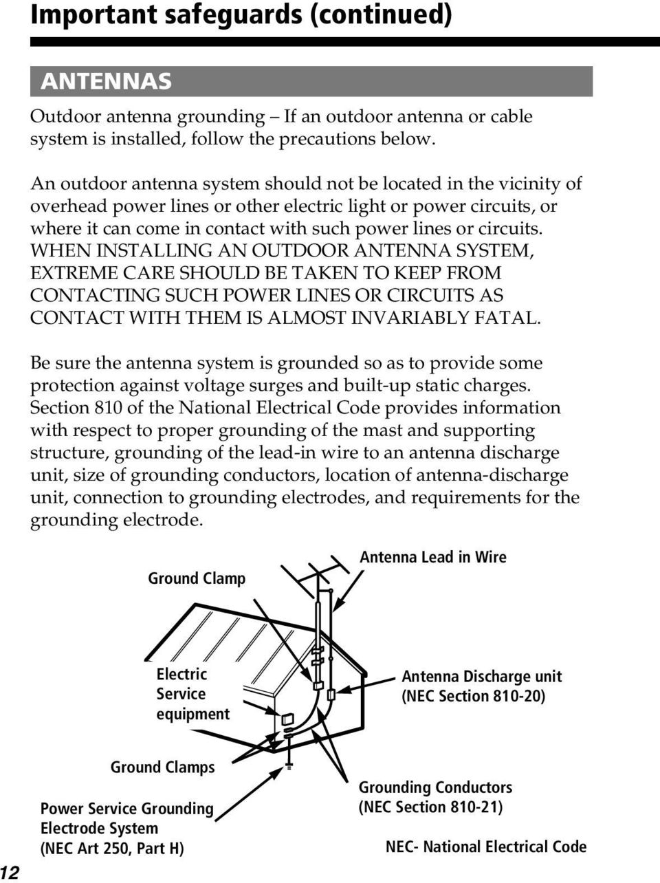 WHEN INSTALLING AN OUTDOOR ANTENNA SYSTEM, EXTREME CARE SHOULD BE TAKEN TO KEEP FROM CONTACTING SUCH POWER LINES OR CIRCUITS AS CONTACT WITH THEM IS ALMOST INVARIABLY FATAL.