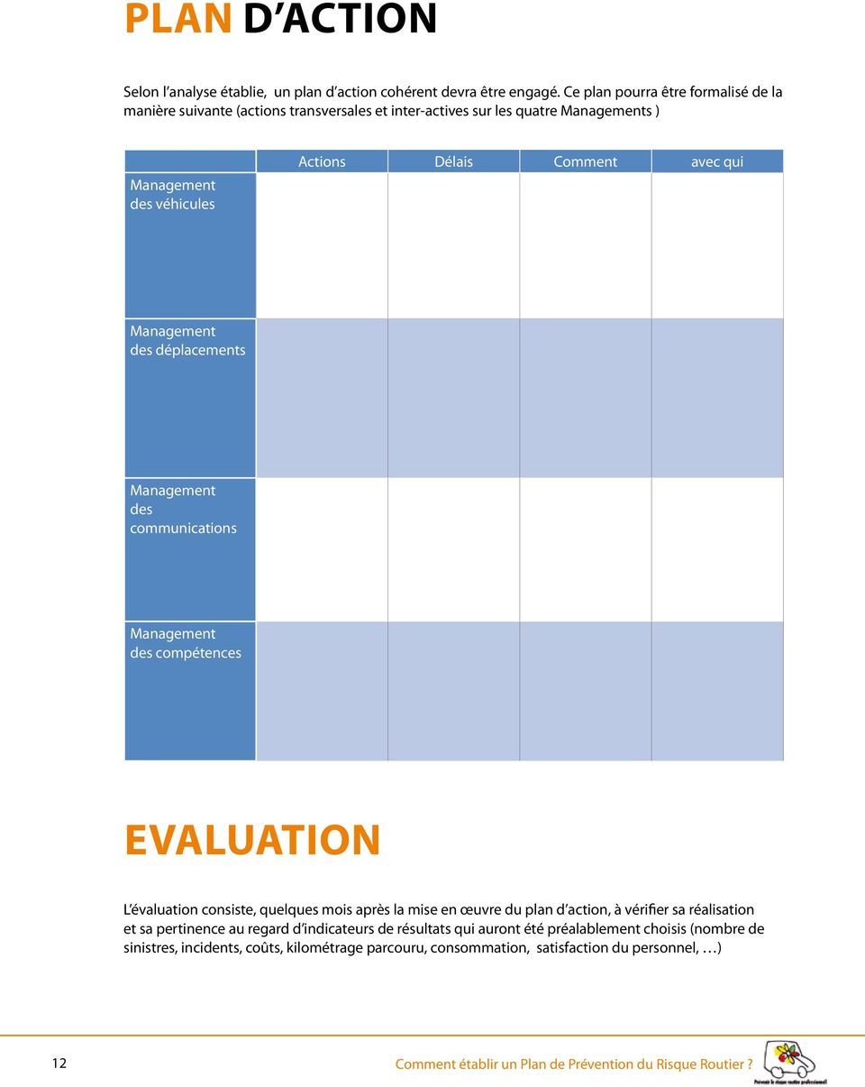 Management des déplacements Management des communications Management des compétences Evaluation L évaluation consiste, quelques mois après la mise en œuvre du plan d action, à
