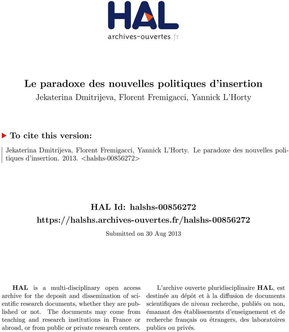 fr/halshs-00856272 Submitted on 30 Aug 2013 HAL is a multi-disciplinary open access archive for the deposit and dissemination of scientific research documents, whether they are published or not.