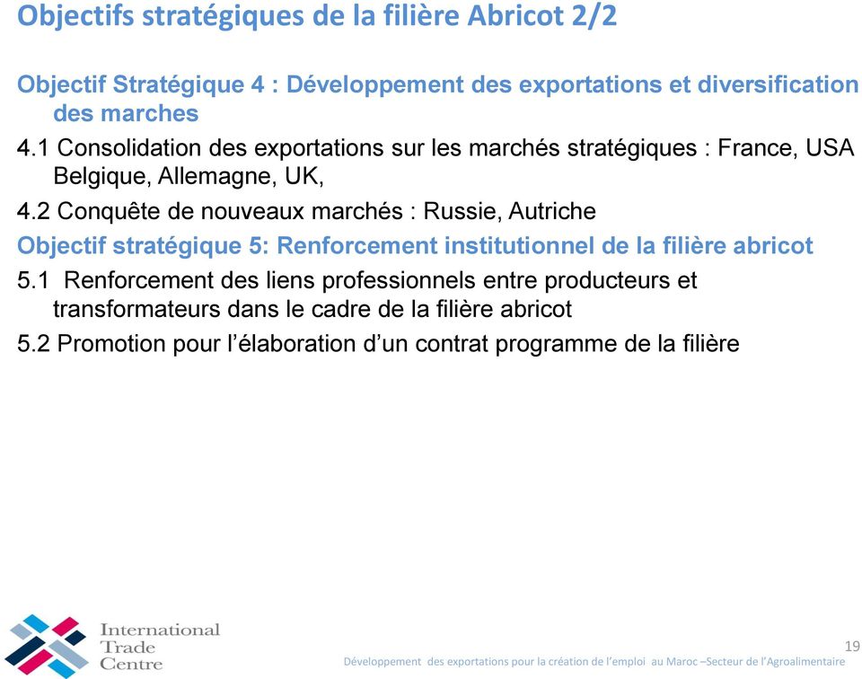 2 Conquête de nouveaux marchés : Russie, Autriche Objectif stratégique 5: Renforcement institutionnel de la filière abricot 5.