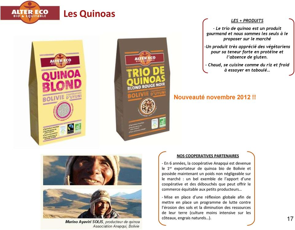 ! NOS COOPERATIVES PARTENAIRES - En 6 années, la coopérative Anapqui est devenue le 1 er exportateur de quinoa bio de Bolivie et possède maintenant un poids non négligeable sur le marché : un bel