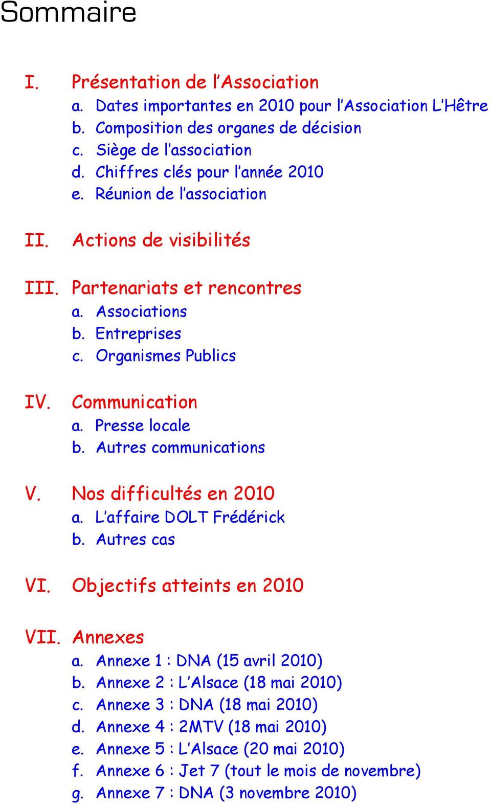 Presse locale b. Autres communications V. Nos difficultés en 2010 a. L affaire DOLT Frédérick b. Autres cas VI. Objectifs atteints en 2010 VII. Annexes a. Annexe 1 : DNA (15 avril 2010) b.