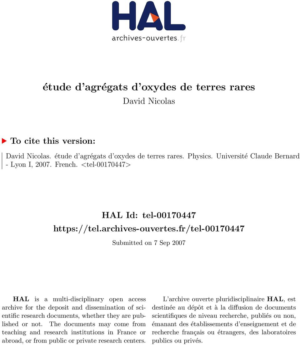 fr/tel-00170447 Submitted on 7 Sep 2007 HAL is a multi-disciplinary open access archive for the deposit and dissemination of scientific research documents, whether they are published or not.