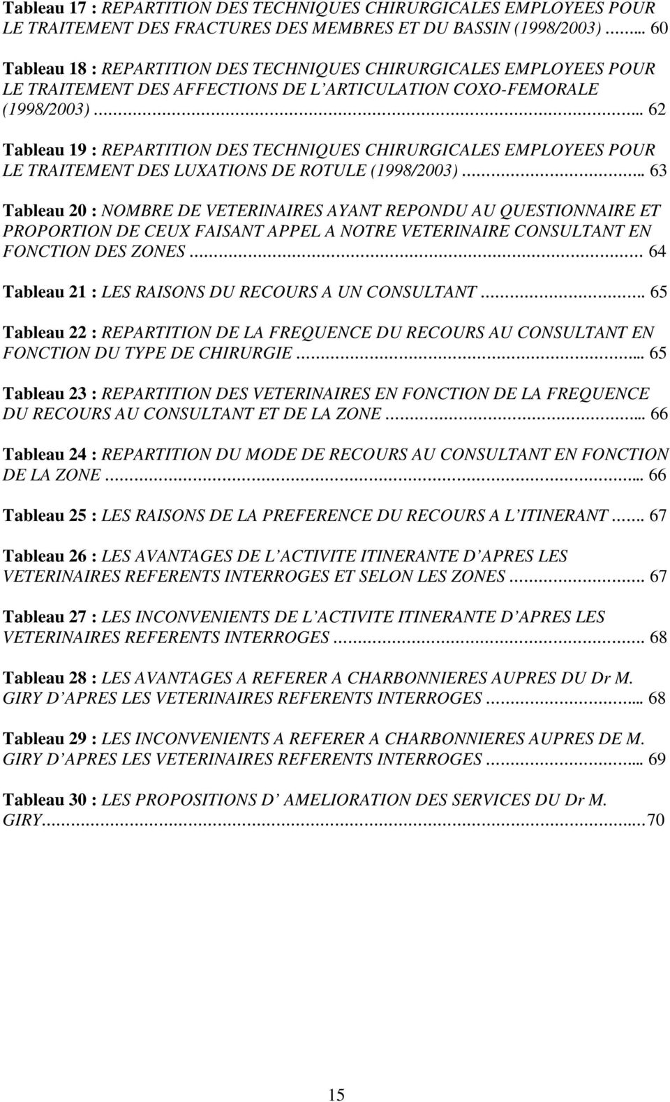. 62 Tableau 19 : REPARTITION DES TECHNIQUES CHIRURGICALES EMPLOYEES POUR LE TRAITEMENT DES LUXATIONS DE ROTULE (1998/2003).