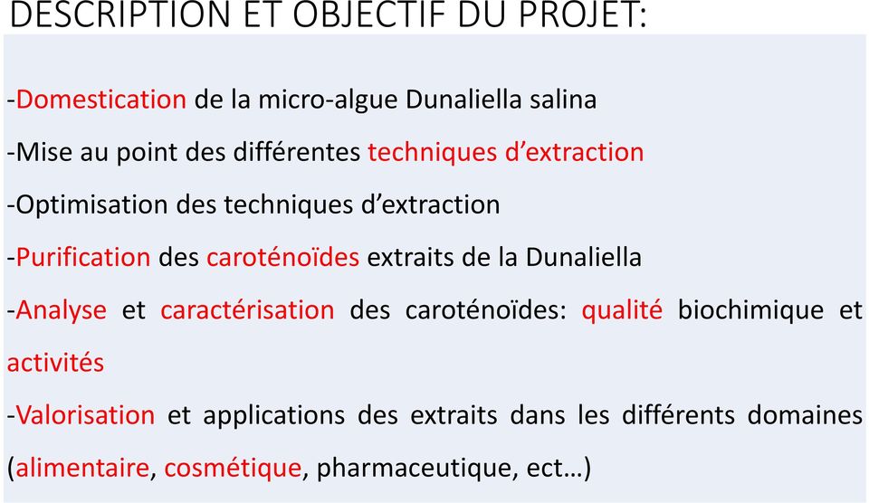 extraits de la Dunaliella -Analyse et caractérisation des caroténoïdes: qualité biochimique et activités