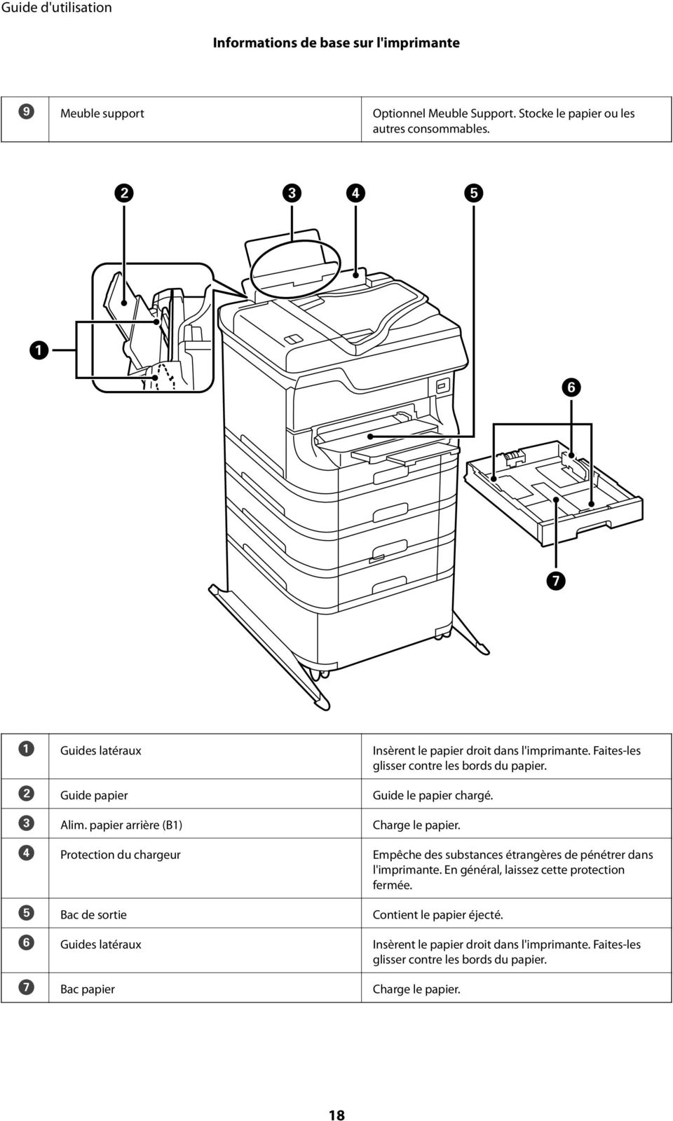 papier arrière (B1) Charge le papier. D Protection du chargeur Empêche des substances étrangères de pénétrer dans l'imprimante.