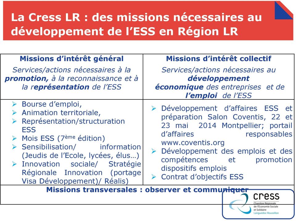 Régionale Innovation (portage Visa Développement)/ Réalis) Missions d intérêt collectif Services/actions nécessaires au développement économique des entreprises et de l emploi de l ESS Développement