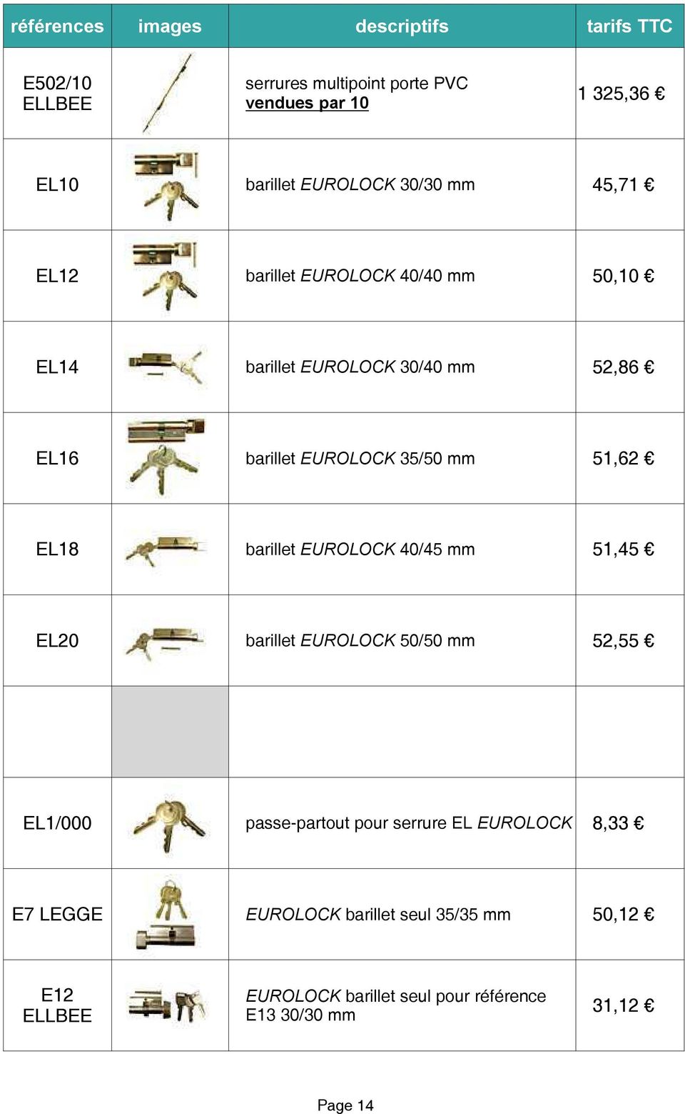 EUROLOCK 40/45 mm 51,45 EL20 barillet EUROLOCK 50/50 mm 52,55 EL1/000 passe-partout pour serrure EL EUROLOCK 8,33