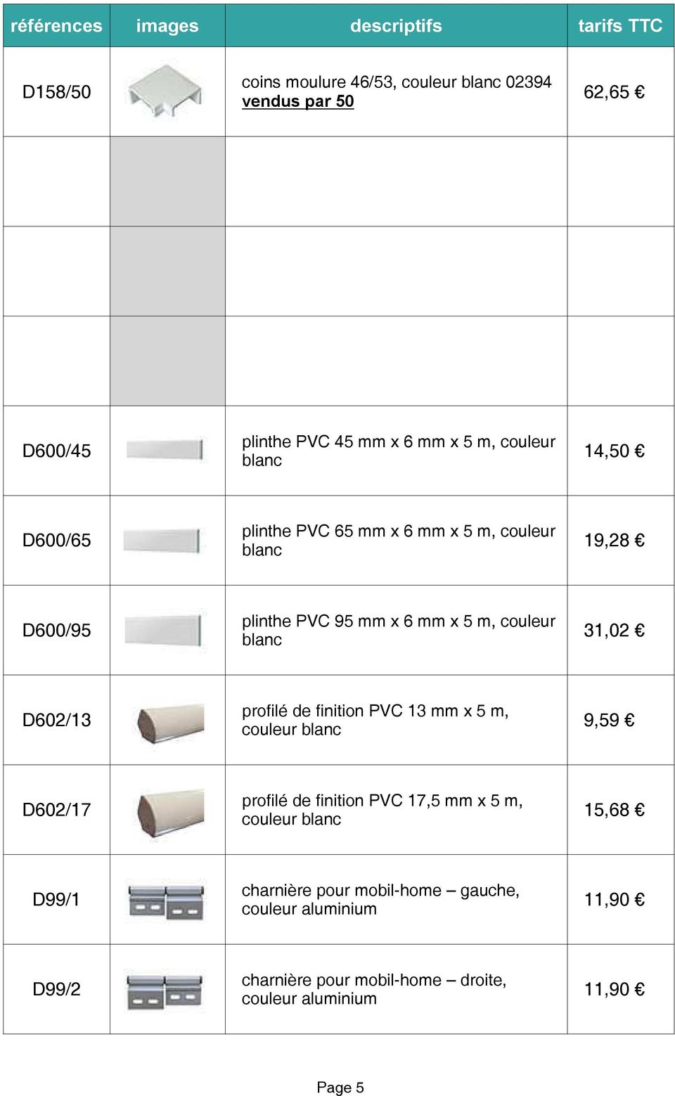 finition PVC 13 mm x 5 m, D602/13 9,59 couleur profilé de finition PVC 17,5 mm x 5 m, D602/17 15,68 couleur charnière